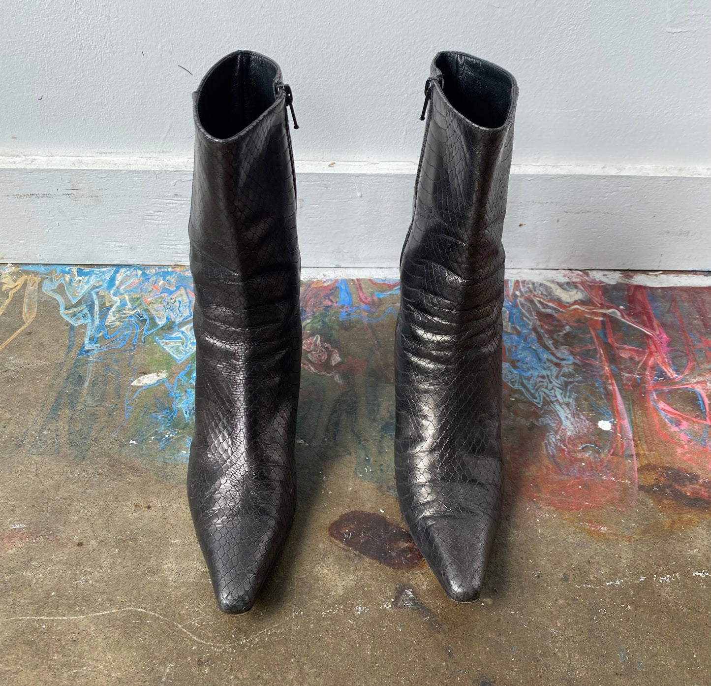 COLE HAAN LYDIA GUNMETAL SNAKESKIN BOOTS