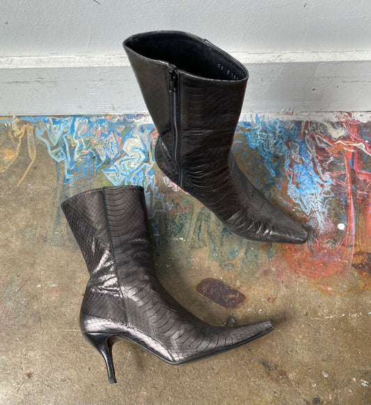 COLE HAAN LYDIA GUNMETAL SNAKESKIN BOOTS